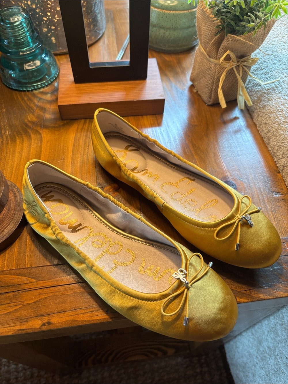 Sam Edelman Yellow Satin Ballet Flats with Bow Accent